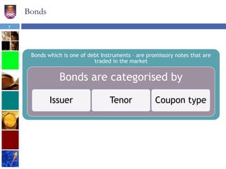 7
Bonds
Bonds which is one of debt Instruments – are promissory notes that are
traded in the market
Bonds are categorised by
Issuer Tenor Coupon type
 