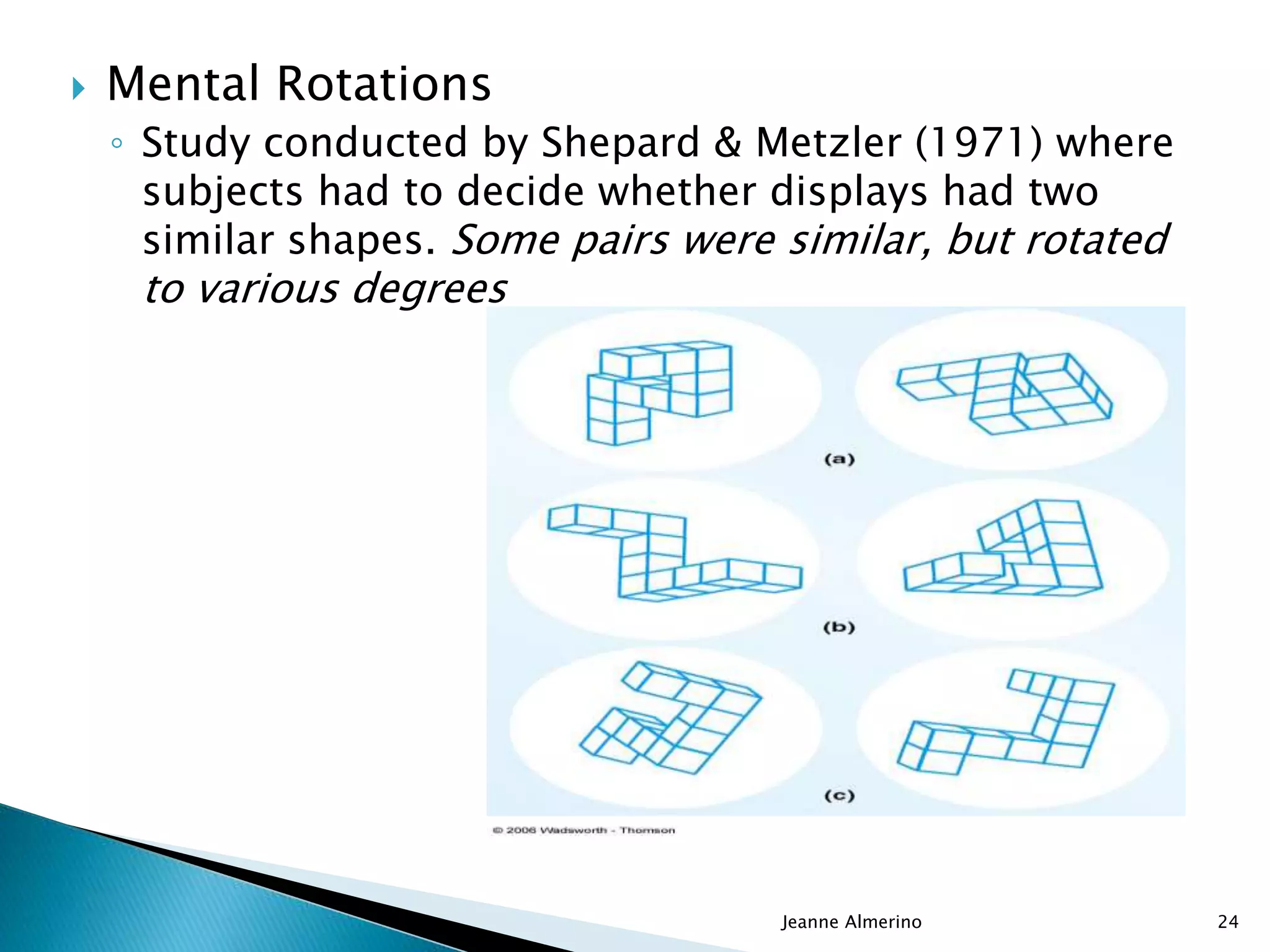  Mental Rotations
◦ Study conducted by Shepard & Metzler (1971) where
subjects had to decide whether displays had two
similar shapes. Some pairs were similar, but rotated
to various degrees
Jeanne Almerino 24
 