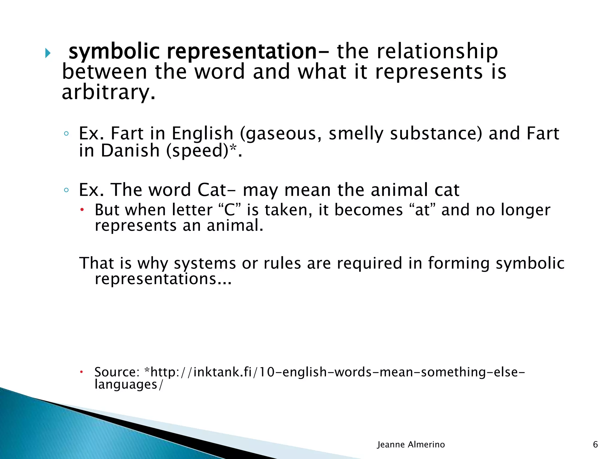  symbolic representation- the relationship
between the word and what it represents is
arbitrary.
◦ Ex. Fart in English (gaseous, smelly substance) and Fart
in Danish (speed)*.
◦ Ex. The word Cat- may mean the animal cat
 But when letter “C” is taken, it becomes “at” and no longer
represents an animal.
That is why systems or rules are required in forming symbolic
representations...
 Source: *http://inktank.fi/10-english-words-mean-something-else-
languages/
Jeanne Almerino 6
 