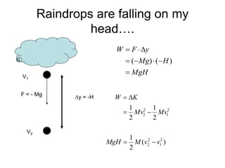 Raindrops are falling on my
head….
V1
F = - Mg
V2
y = -H
MgH
H
Mg
y
F
W








)
(
)
(
2
1
2
2
2
1
2
1
Mv
Mv
K
W




)
(
2
1 2
1
2
2 v
v
M
MgH 

 