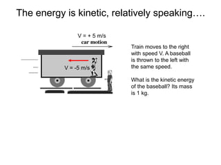 The energy is kinetic, relatively speaking….
V = + 5 m/s
V = -5 m/s
Train moves to the right
with speed V. A baseball
is thrown to the left with
the same speed.
What is the kinetic energy
of the baseball? Its mass
is 1 kg.
 