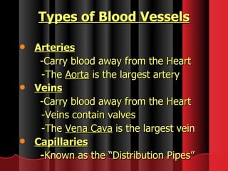 Types of Blood Vessels Arteries -Carry blood away from the Heart -The  Aorta  is the largest artery Veins -Carry blood away from the Heart -Veins contain valves -The  Vena Cava  is the largest vein Capillaries - Known as the “Distribution Pipes” 
