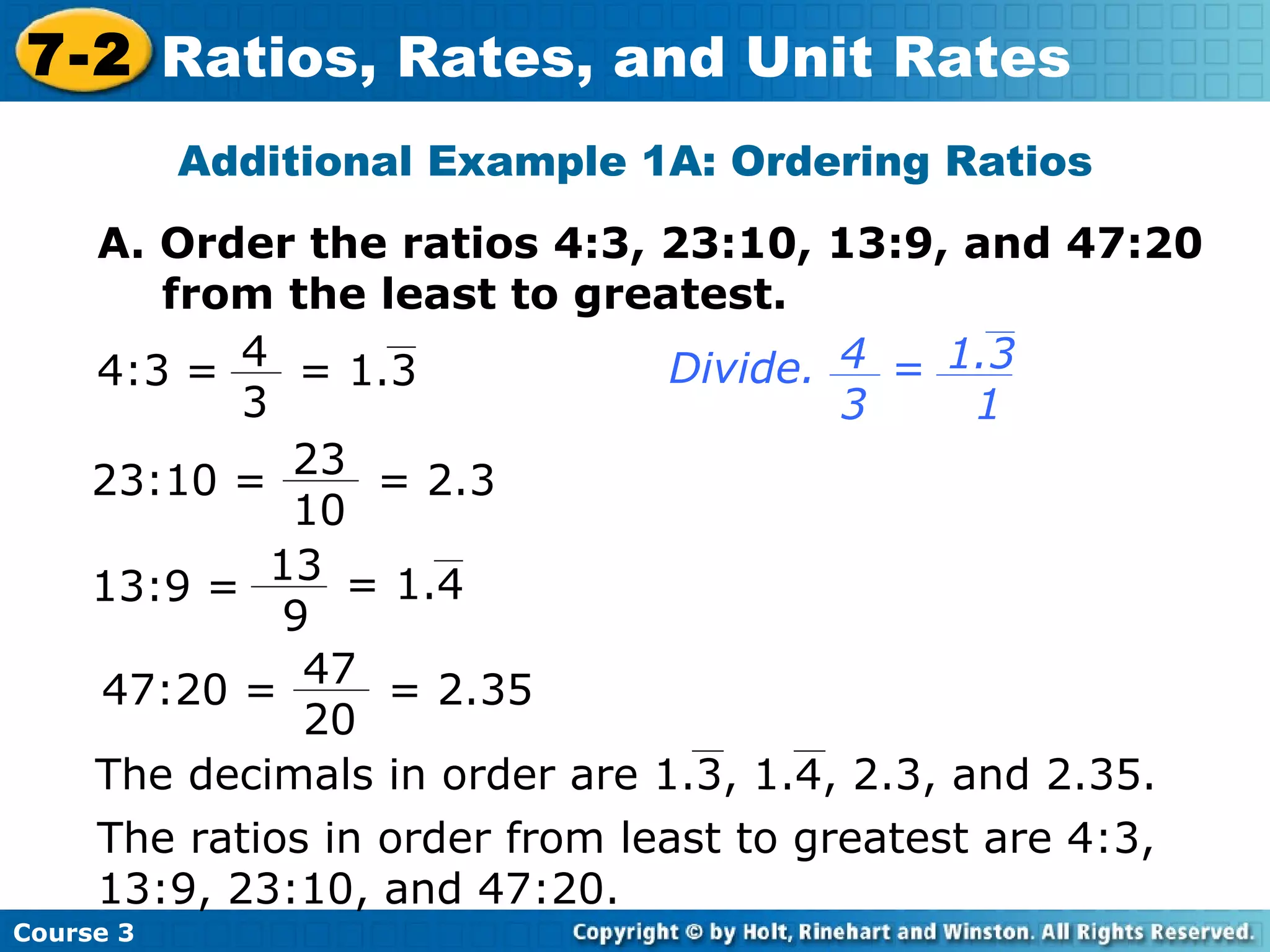 Additional Example 1A: Ordering Ratios A. Order the ratios 4:3, 23:10, 13:9, and 47:20 from the least to greatest. Insert Lesson Title Here 4:3 =  23:10 =  13:9 =  47:20 =  = 2.3 = 2.35 The ratios in order from least to greatest are 4:3, 13:9, 23:10, and 47:20. Course 3 7-2 Ratios, Rates, and Unit Rates 4 3 4 3 Divide.  = 1.3  1 = 1.3 23 10 13 9 47 20 = 1.4 The decimals in order are 1.3, 1.4, 2.3, and 2.35. 
