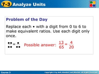 Problem of the Day Replace each •   with a digit from 0 to 6 to make equivalent ratios. Use each digit only once. •• •• • •• = Course 3 7-3 Analyze Units Possible answer: 13 65 4 20 = 