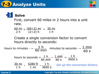 First, convert 60 miles in 2 hours into a unit rate. 60 mi 2 h = (60÷2) mi (2÷2) h = 30 mi 1 h Create a single conversion factor to convert hours directly to seconds: hours to seconds = • 1 min 60 s Set up the conversion factors. Course 3 7-3 Analyze Units Solve 3 minutes to seconds 1 min 60 s hours to minutes 1 h 60 min 1 h 60 min 1 h 3600 s = 30 mi 1 h • 5280 ft 1 mi • 1 h 3600 s 