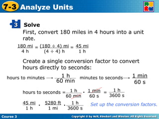 First, convert 180 miles in 4 hours into a unit rate. 180 mi 4 h = (180 ÷ 4) mi (4 ÷ 4) h = 45 mi 1 h Create a single conversion factor to convert hours directly to seconds: hours to seconds = • 1 min 60 s Set up the conversion factors. Course 3 7-3 Analyze Units Solve 3 minutes to seconds 1 min 60 s hours to minutes 1 h 60 min 1 h 60 min 1 h 3600 s = 45 mi 1 h • 5280 ft 1 mi • 1 h 3600 s 