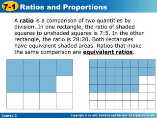 A  ratio  is a comparison of two quantities by division. In one rectangle, the ratio of shaded squares to unshaded squares is 7:5. In the other rectangle, the ratio is 28:20. Both rectangles have equivalent shaded areas. Ratios that make the same comparison are  equivalent ratios . Course 3 7-1 Ratios and Proportions 