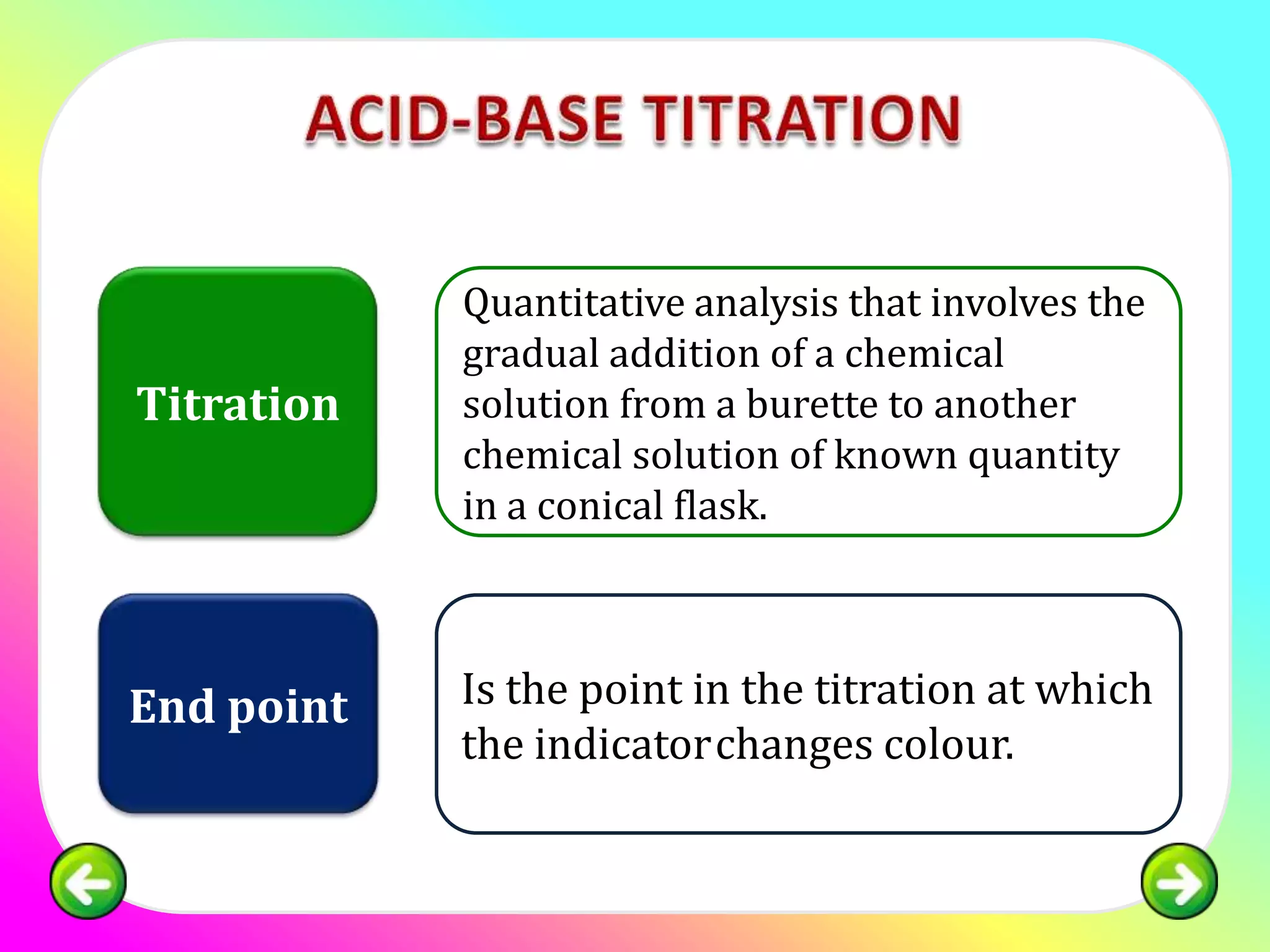 Quantitative analysis that involves the
            gradual addition of a chemical
Titration   solution from a burette to another
            chemical solution of known quantity
            in a conical flask.



End point   Is the point in the titration at which
            the indicatorchanges colour.
 