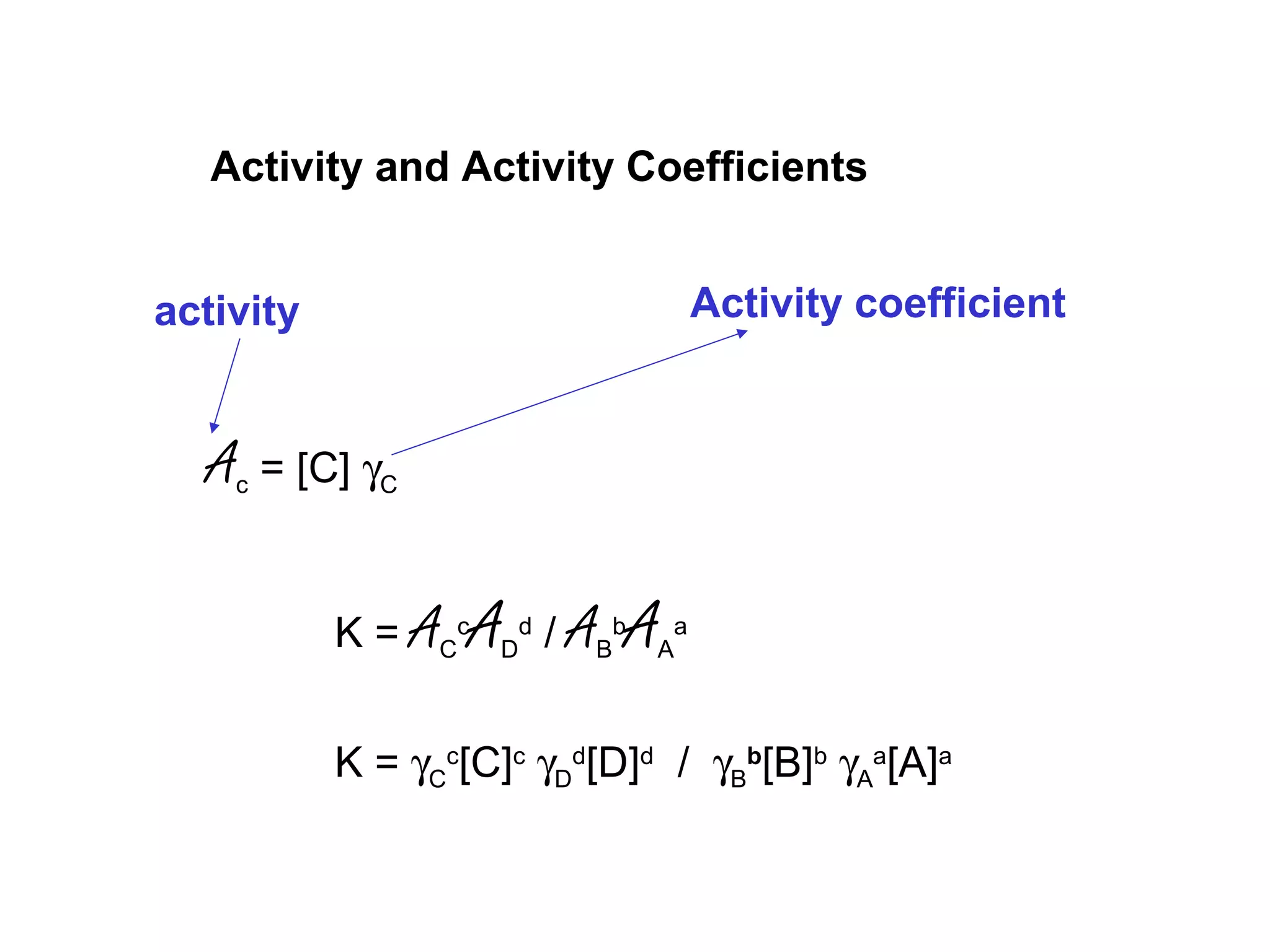 Activity and Activity Coefficients
activity Activity coefficient
Ac = [C] γC
K = AC
c
AD
d
/ AB
b
AA
a
K = γC
c
[C]c
γD
d
[D]d
/ γB
b
[B]b
γA
a
[A]a
 