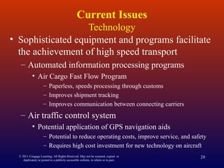 Current Issues
Technology
• Sophisticated equipment and programs facilitate
the achievement of high speed transport
– Automated information processing programs
• Air Cargo Fast Flow Program
– Paperless, speeds processing through customs
– Improves shipment tracking
– Improves communication between connecting carriers
– Air traffic control system
• Potential application of GPS navigation aids
– Potential to reduce operating costs, improve service, and safety
– Requires high cost investment for new technology on aircraft
© 2011 Cengage Learning. All Rights Reserved. May not be scanned, copied or
duplicated, or posted to a publicly accessible website, in whole or in part.
29
 