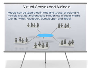 Virtual Crowds and Business
People can be separated in time and space, or belong to
multiple crowds simultaneously through use of social media
such as Twitter, Facebook, StumbleUpon and Reddit.
 