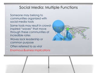 Social Media: Multiple Functions
•   Someone may belong to
    communities organized with
    social media tools
•   Same tools may result in crowd-
    inspired “waves” that move
    through these communities at
    incredible rates
•   Waves lack leadership or
    common purpose
•   Often referred to as viral
•   Enormous Business Implications
 