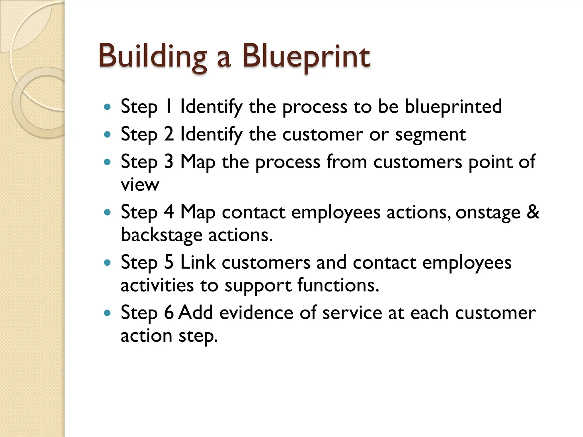 Building a Blueprint
 Step 1 Identify the process to be blueprinted
 Step 2 Identify the customer or segment
 Step 3 Map the process from customers point of
view
 Step 4 Map contact employees actions, onstage &
backstage actions.
 Step 5 Link customers and contact employees
activities to support functions.
 Step 6 Add evidence of service at each customer
action step.
 