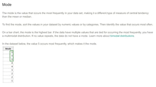 Mode
The mode is the value that occurs the most frequently in your data set, making it a different type of measure of central tendency
than the mean or median.
To find the mode, sort the values in your dataset by numeric values or by categories. Then identify the value that occurs most often.
On a bar chart, the mode is the highest bar. If the data have multiple values that are tied for occurring the most frequently, you have
a multimodal distribution. If no value repeats, the data do not have a mode. Learn more about bimodal distributions.
In the dataset below, the value 5 occurs most frequently, which makes it the mode.
 