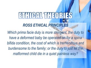 ROSS ETHICAL PRINCIPLES
Which prima facie duty is more stringent, the duty to
have a deformed baby be operated on for a spina
bifida condition, the cost of which is tremendous and
burdensome to the family; or the duty to just let the
malformed child die in a quiet painless way?
 