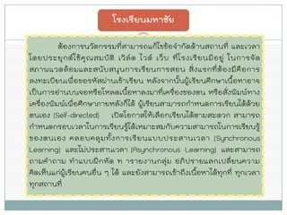 ต้องการนวัตกรรมที่สามารถแก้ไขข้อจากัดด้านสถานที่ และเวลา โดยประยุกต์ใช้คุณสมบัติ เวิล์ด ไวด์ เว็บ ที่โรงเรียนมีอยู่ ในการจัด สภาพแวดล้อมและสนับสนุนการเรียนการสอน สิ่งแรกที่ต้องมีคือการ ลงทะเบียนเพื่อขอรหัสผ่านเข้าเรียน หลังจากนั้นผู้เรียนศึกษาเนื้อหาอาจ เป็นการอ่านบนจอหรือโหลดเนื้อหาลงมาที่เครื่องของตน หรือสั่งพิมพ์ทาง เครื่องพิมพ์เพื่อศึกษาภายหลังก็ได้ ผู้เรียนสามารถกาหนดการเรียนได้ด้วย ตนเอง (Self-directed) เปิดโอกาสให้เลือกเรียนได้ตามสะดวก สามารถ กาหนดกรอบเวลาในการเรียนรู้ได้เหมาะสมกับความสามารถในการเรียนรู้ ของตนเอง คลอบคลุมทั้งการเรียนแบบประสานเวลา (Synchronous Learning) และไม่ประสานเวลา (Asynchronous Learning) และสามารถ ถามคาถาม ทาแบบฝึกหัด ทารายงานกลุ่ม อภิปรายแลกเปลี่ยนความ คิดเห็นแก่ผู้เรียนคนอื่น ๆ ได้ และยังสามารถเข้าถึงเนื้อหาได้ทุกที่ ทุกเวลา ทุกสถานที่ 
โรงเรียนมหาชัย  