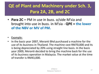 QE of Plant and Machinery under Sch. 3,
Para 2A, 2B, and 2C
• Para 2C – PM in use in buss. o/side M’sia and
brought into use in buss. in M’sia - QPE = the lower
of the NBV or MV of PM.
• Example:
• In the basis year 2007, Meranti Bhd purchased a machine for the
use of its business in Thailand. The machine cost RM70,000 and its
is being depreciated by 20% using straight line basis. In the basis
year 2009, Meranti decided to bring the machine back for the use
of its business operation in Malaysia. The market value at the time
of transfer is RM43,000.

ATXB213
Malaysian Taxation 1

17

 