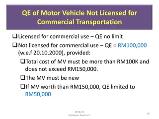 QE of Motor Vehicle Not Licensed for
Commercial Transportation
Licensed for commercial use – QE no limit
Not licensed for commercial use – QE = RM100,000
(w.e.f 20.10.2000), provided:
Total cost of MV must be more than RM100K and
does not exceed RM150,000.
The MV must be new
If MV worth than RM150,000, QE limited to
RM50,000
ATXB213
Malaysian Taxation 1

19

 