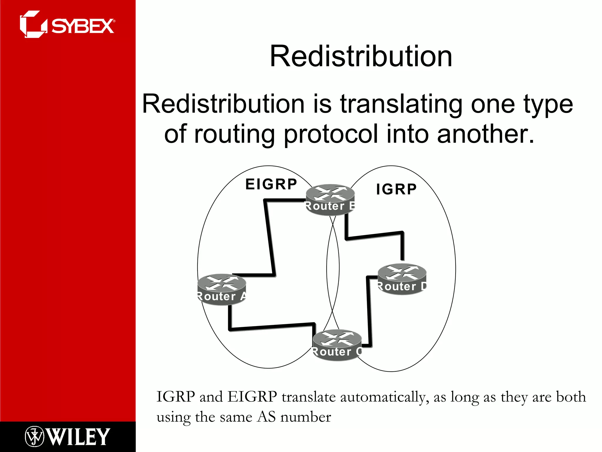 Redistribution Redistribution is translating one type of routing protocol into another.  Router D Router B Router A Router C EIGRP IGRP IGRP and EIGRP translate automatically, as long as they are both using the same AS number 