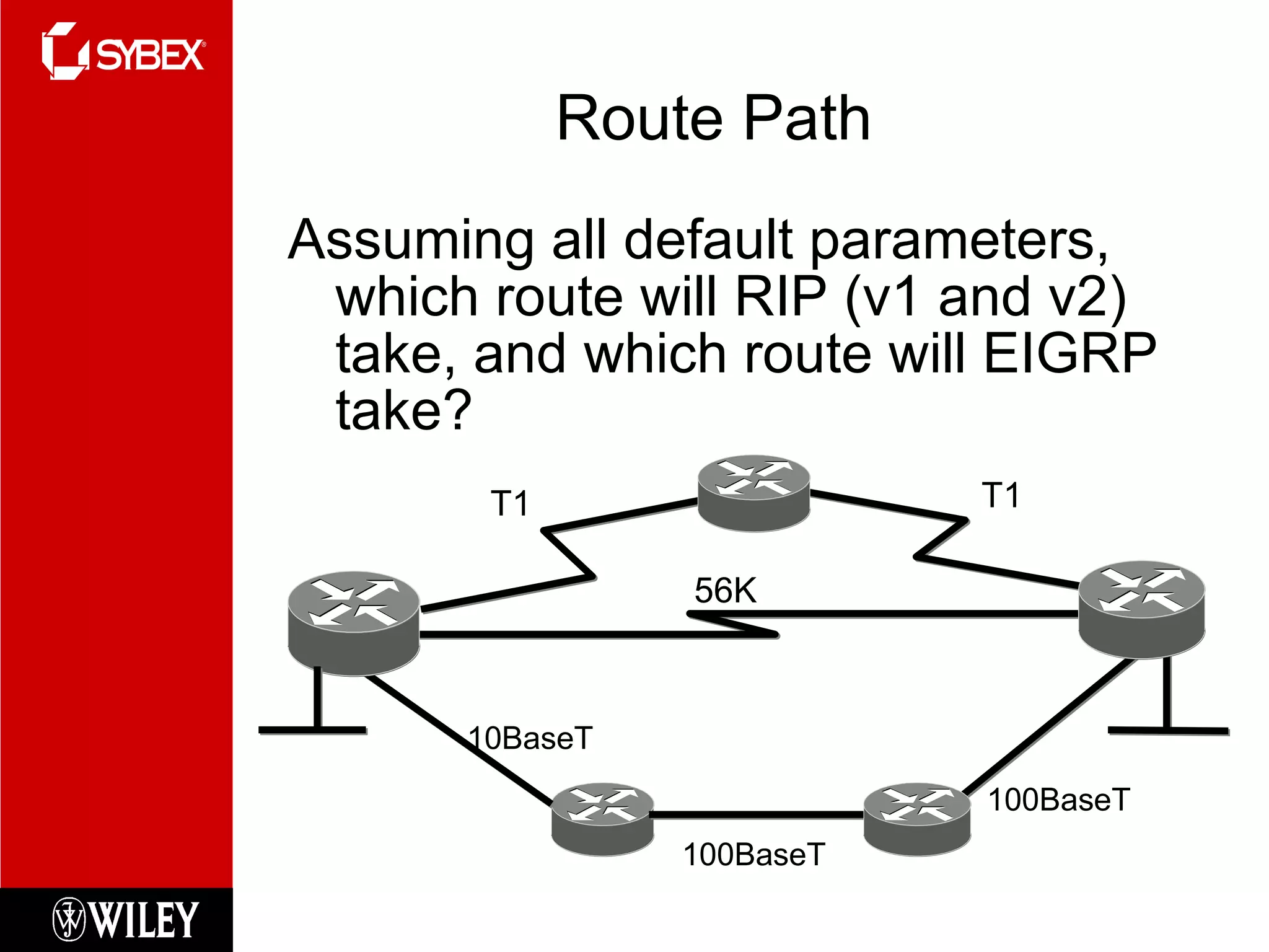 Route Path Assuming all default parameters, which route will RIP (v1 and v2) take, and which route will EIGRP take? T1 T1 100BaseT 100BaseT 10BaseT 56K 