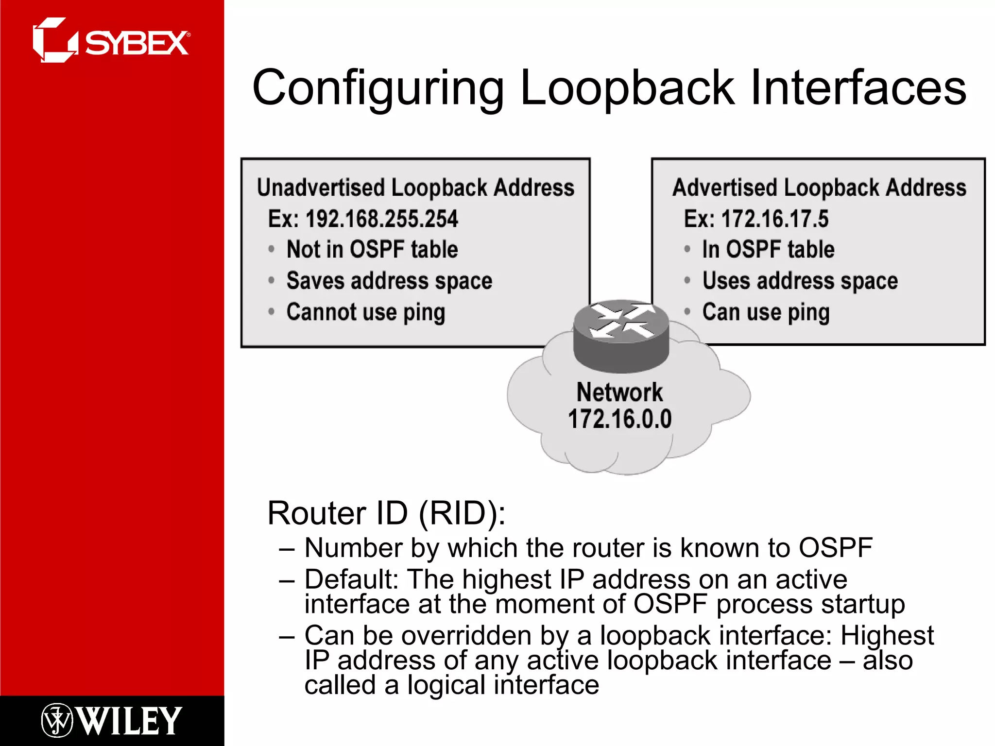 Configuring Loopback Interfaces Router ID (RID):  Number by which the router is known to OSPF Default: The highest IP address on an active interface at the moment of OSPF process startup Can be overridden by a loopback interface: Highest IP address of any active loopback interface – also called a logical interface 