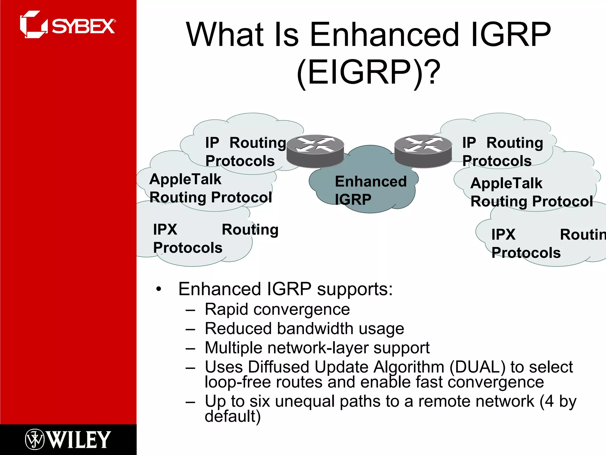 What Is Enhanced IGRP (EIGRP)? Enhanced IGRP supports: Rapid convergence Reduced bandwidth usage Multiple network-layer support Uses Diffused Update Algorithm (DUAL) to select loop-free routes and enable fast convergence Up to six unequal paths to a remote network (4 by default) Enhanced IGRP  IPX Routing Protocols AppleTalk  Routing Protocol IP Routing Protocols IPX Routing Protocols AppleTalk  Routing Protocol IP Routing Protocols 