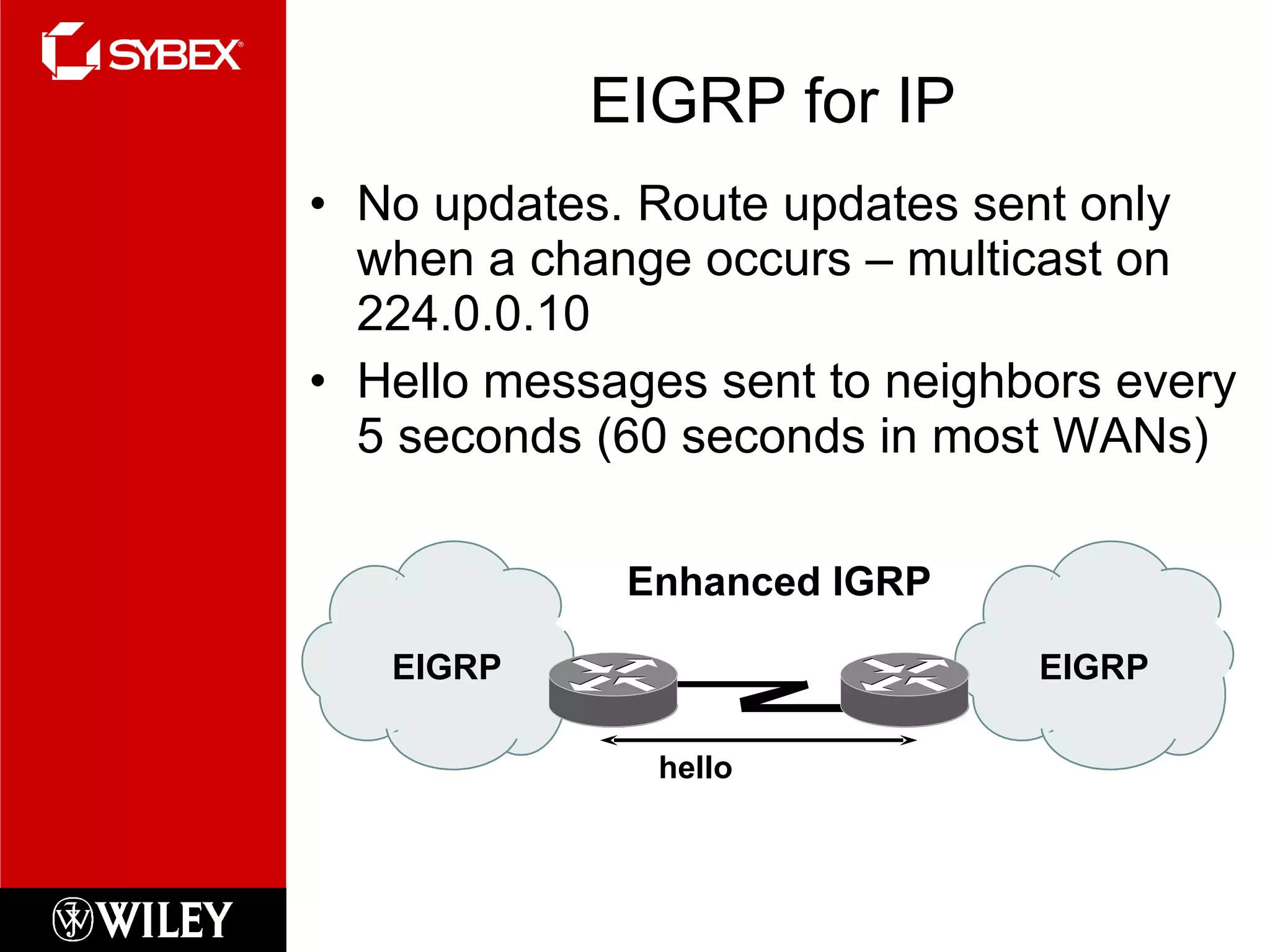 EIGRP for IP No updates. Route updates sent only when a change occurs – multicast on 224.0.0.10 Hello messages sent to neighbors every 5 seconds (60 seconds in most WANs) hello Enhanced IGRP EIGRP EIGRP 
