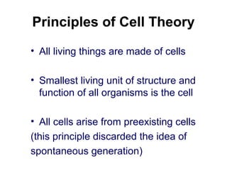 Principles of Cell Theory
• All living things are made of cells
• Smallest living unit of structure and
function of all organisms is the cell
• All cells arise from preexisting cells
(this principle discarded the idea of
spontaneous generation)
 