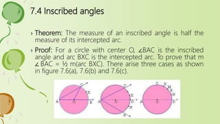 7.4 Inscribed angles
› Theorem: The measure of an inscribed angle is half the
measure of its intercepted arc.
› Proof: For a circle with center O, ∠BAC is the inscribed
angle and arc BXC is the intercepted arc. To prove that m
∠ BAC = ½ m(arc BXC). There arise three cases as shown
in figure 7.6(a), 7.6(b) and 7.6(c).
 