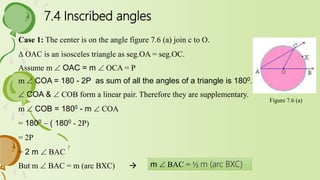 7.4 Inscribed angles
Figure 7.6 (a)
Case 1: The center is on the angle figure 7.6 (a) join c to O.
D OAC is an isosceles triangle as seg.OA = seg.OC.
Assume m  OAC = m  OCA = P
m  COA = 180 - 2P as sum of all the angles of a triangle is 1800.
 COA &  COB form a linear pair. Therefore they are supplementary.
m  COB = 1800 - m  COA
= 1800 - ( 1800 - 2P)
= 2P
= 2 m  BAC
But m  BAC = m (arc BXC)  m  BAC = ½ m (arc BXC)
 