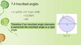 7.4 Inscribed angles
› m ∠ACB =1/2 m(arc AXB)
=1/2(180o)
=90o
Therefore if an inscribed angle intercepts
a semicircle the inscribed angle is a right
angle.
figure 7.8
 