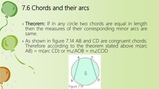 7.6 Chords and their arcs
› Theorem: If in any circle two chords are equal in length
then the measures of their corresponding minor arcs are
same.
› As shown in figure 7.14 AB and CD are congruent chords.
Therefore according to the theorem stated above m(arc
AB) = m(arc CD) or mAOB = mCOD.
Figure 7.14
 