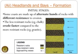 INITIAL STAGES:
• Some coasts are made up of alternate bands of rocks with
different resistance to erosion.
• The less resistant rocks (eg. chalk)
erode faster compared to the
more resistant rocks (eg. granite).
(Aii) Headlands and Bays – Formation
22
 