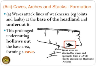 — (a)Waves attack lines of weaknesses (eg joints
and faults) at the base of the headland and
undercut it.
— This prolonged
undercutting
hollows out
the base area,
forming a cave.
(Aiii) Caves, Arches and Stacks - Formation
24
 