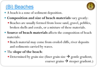 —  A beach is a zone of sediment deposition.
—  Composition and size of beach materials vary greatly:
— Beaches are usually formed from loose sand, gravel, pebbles,
broken shells and corals, or a mixture of these materials.
—  Source of beach materials affects the composition of beach
materials:
— Beach material may come from eroded cliffs, river deposits
and sediments carried by waves.
—  The slope of the beach:
— Determined by grain size (finer grain size à gentle gradient;
coarser grains à steeper gradient.)
(Bi) Beaches 25
 