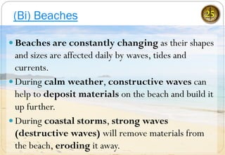 — Beaches are constantly changing as their shapes
and sizes are affected daily by waves, tides and
currents.
— During calm weather, constructive waves can
help to deposit materials on the beach and build it
up further.
— During coastal storms, strong waves
(destructive waves) will remove materials from
the beach, eroding it away.
25(Bi) Beaches
 