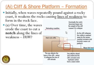 (Ai) Cliff & Shore Platform – Formation
— Initially, when waves repeatedly pound against a rocky
coast, it weakens the rocks causing lines of weakness to
form in the rock face.
— (a) Over time, the waves
erode the coast to cut a
notch along the lines of
weakness – HOW?
20
 