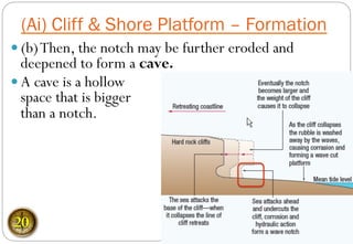 (Ai) Cliff & Shore Platform – Formation
— (b)Then, the notch may be further eroded and
deepened to form a cave.
— A cave is a hollow
space that is bigger
than a notch.
20
 