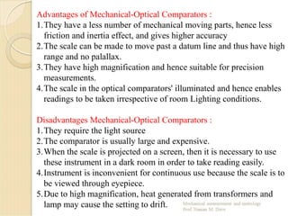 Advantages of Mechanical-Optical Comparators :
1.They have a less number of mechanical moving parts, hence less
friction and inertia effect, and gives higher accuracy
2.The scale can be made to move past a datum line and thus have high
range and no palallax.
3.They have high magnification and hence suitable for precision
measurements.
4.The scale in the optical comparators' illuminated and hence enables
readings to be taken irrespective of room Lighting conditions.
Disadvantages Mechanical-Optical Comparators :
1.They require the light source
2.The comparator is usually large and expensive.
3.When the scale is projected on a screen, then it is necessary to use
these instrument in a dark room in order to take reading easily.
4.Instrument is inconvenient for continuous use because the scale is to
be viewed through eyepiece.
5.Due to high magnification, heat generated from transformers and
lamp may cause the setting to drift.
 