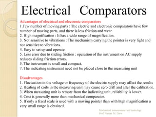 Electrical Comparators
Advantages of electrical and electronic comparators
1.Few number of moving parts : The electric and electronic comparators have few
number of moving parts, and there is less friction and wear.
2. High magnification : It has a wide range of magnification.
3. Not sensitive to vibrations : The mechanism carrying the pointer is very light and
not sensitive to vibrations.
4. Easy to set up and operate.
5. Less error due to sliding friction : operation of the instrument on AC supply
reduces sliding friction errors.
5. The instrument is small and compact.
7. The indicating instrument need not be placed close to the measuring unit
Disadvantages
1. Fluctuation in the voltage or frequency of the electric supply rnay affect the results
2. Heating of coils in the measuring unit may cause zero drift and alter the calibration.
3. When measuring unit is remote from the indicating unit, reliability is lower.
4. Cost is generally more than mechanical comparator.
5. If only a fixed scale is used with a moving pointer than with htgh magnification a
very small range is obtained.
 