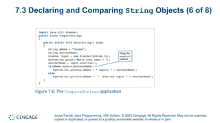 Joyce Farrell, Java Programming, 10th Edition. © 2023 Cengage. All Rights Reserved. May not be scanned,
copied or duplicated, or posted to a publicly accessible website, in whole or in part.
7.3 Declaring and Comparing String Objects (6 of 8)
Figure 7-6: The CompareStrings application
 