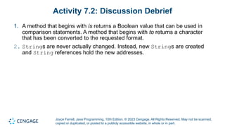 Joyce Farrell, Java Programming, 10th Edition. © 2023 Cengage. All Rights Reserved. May not be scanned,
copied or duplicated, or posted to a publicly accessible website, in whole or in part.
Activity 7.2: Discussion Debrief
1. A method that begins with is returns a Boolean value that can be used in
comparison statements. A method that begins with to returns a character
that has been converted to the requested format.
2. Strings are never actually changed. Instead, new Strings are created
and String references hold the new addresses.
 