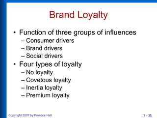 Brand Loyalty Function of three groups of influences Consumer drivers Brand drivers Social drivers Four types of loyalty No loyalty Covetous loyalty Inertia loyalty Premium loyalty 