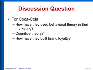 Discussion Question For Coca-Cola: How have they used behavioral theory in their marketing? Cognitive theory? How have they built brand loyalty? 