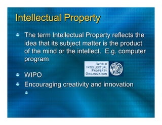 Intellectual Property  The term Intellectual Property reflects the  idea that its subject matter is the product  of the mind or the intellect.  E.g. computer  program  WIPO  Encouraging creativity and innovation  