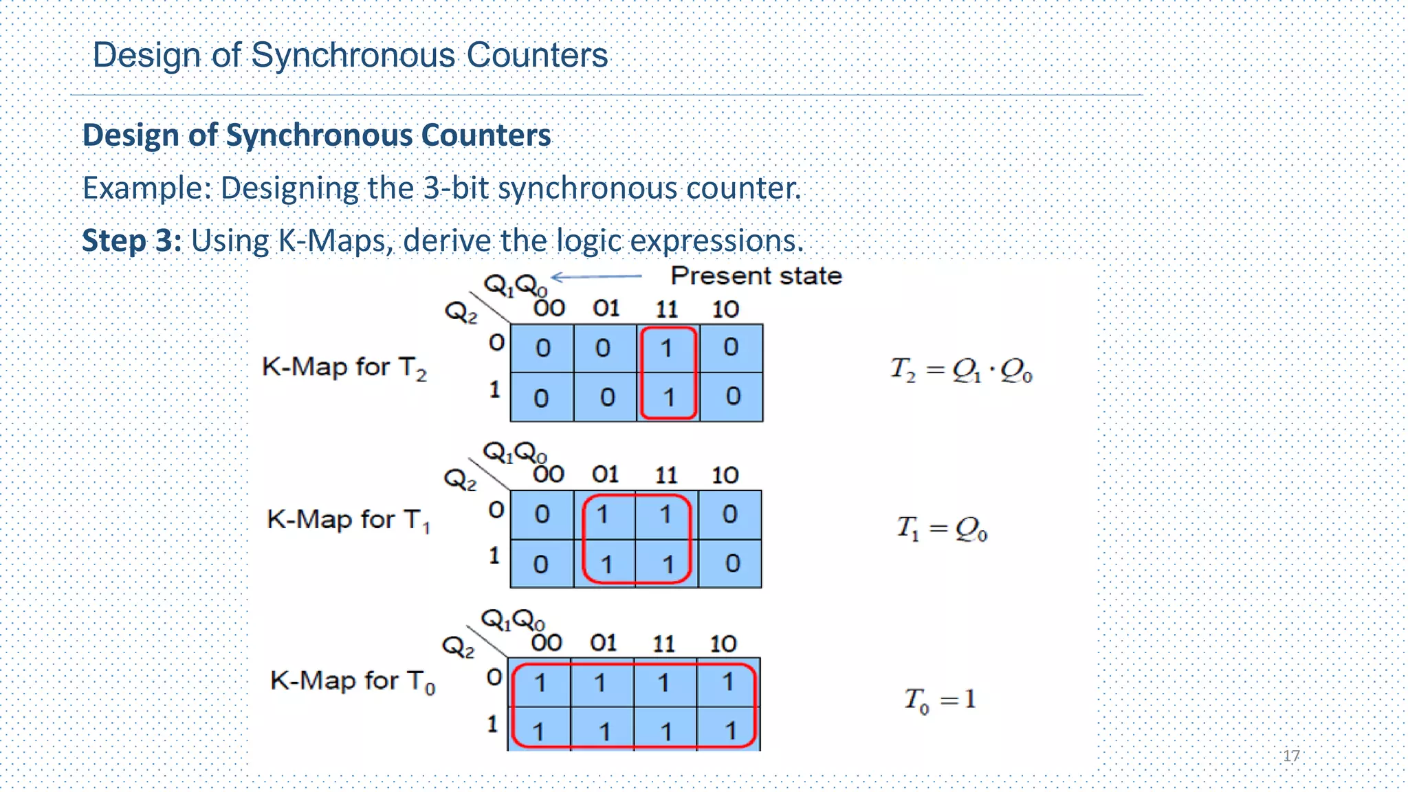 Design of Synchronous Counters
Design of Synchronous Counters
Example: Designing the 3-bit synchronous counter.
Step 3: Using K-Maps, derive the logic expressions.
17
 