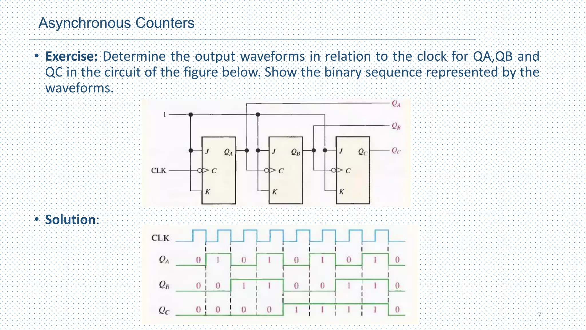 Asynchronous Counters
• Exercise: Determine the output waveforms in relation to the clock for QA,QB and
QC in the circuit of the figure below. Show the binary sequence represented by the
waveforms.
• Solution:
7
 