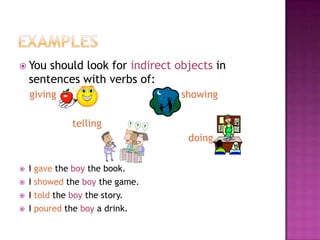 examplesYou should look for indirect objects in sentences with verbs of:givingshowing              tellingdoingI gave the boy the book.  I showed the boy the game.I told the boy the story.I poured the boy a drink.