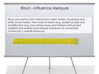 Klout – Influence Measure

Klout uses metrics from interactions within Twitter, Facebook and
other social media. Then looks at reach (e.g. audience size) and
amplification (e.g. how others reuse and interact with posted
material and tweets) and network (measure of connected
community’s overall influence).
 
