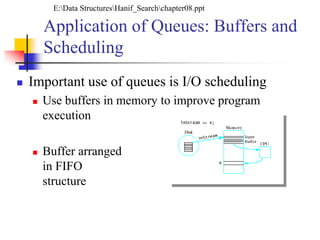 Application of Queues: Buffers and
Scheduling
 Important use of queues is I/O scheduling
 Use buffers in memory to improve program
execution
 Buffer arranged
in FIFO
structure
E:Data StructuresHanif_Searchchapter08.ppt
 